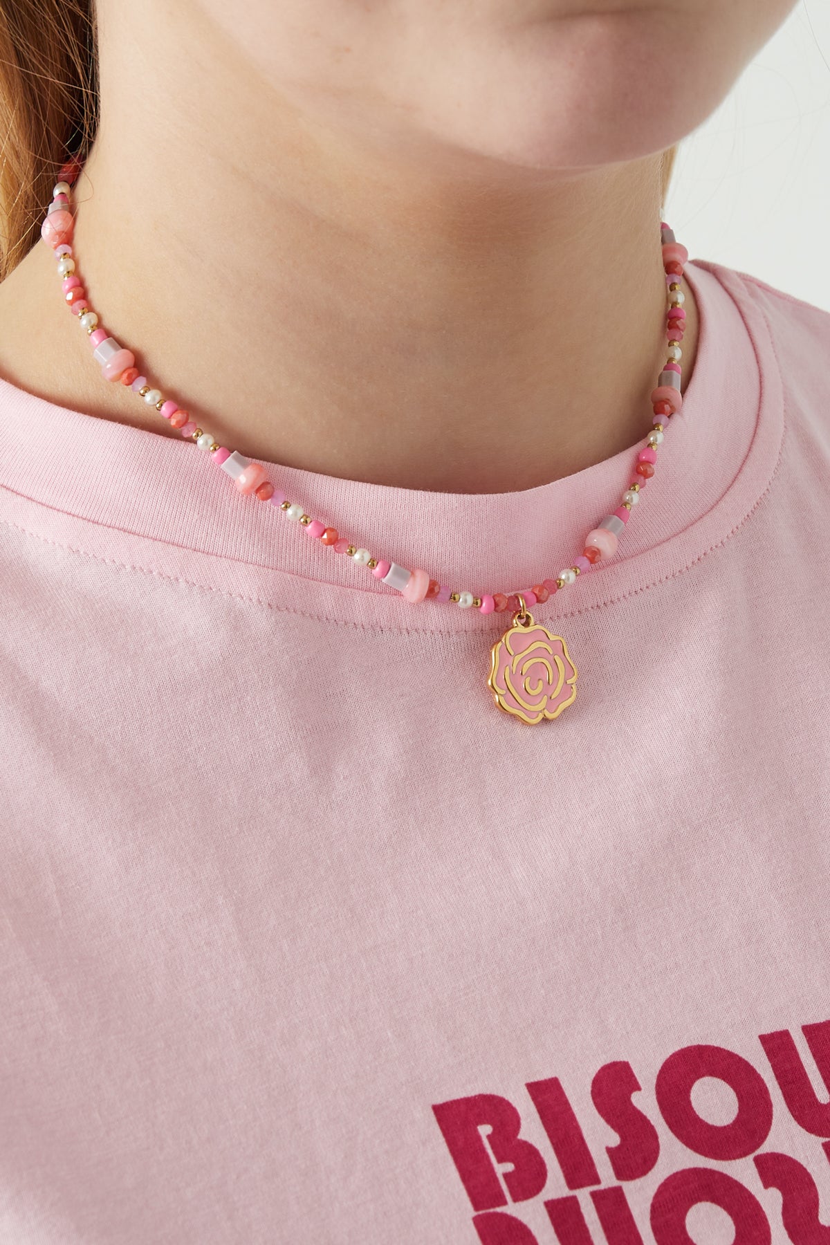 beaded rose necklace - pink &